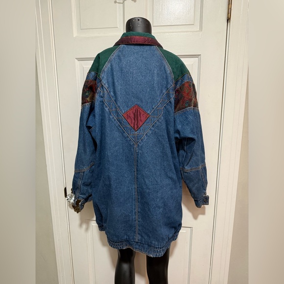 Vintage 1980s 1990s Long Denim Patchwork Coat Jacket Green Brown Pockets Small - Picture 2 of 5